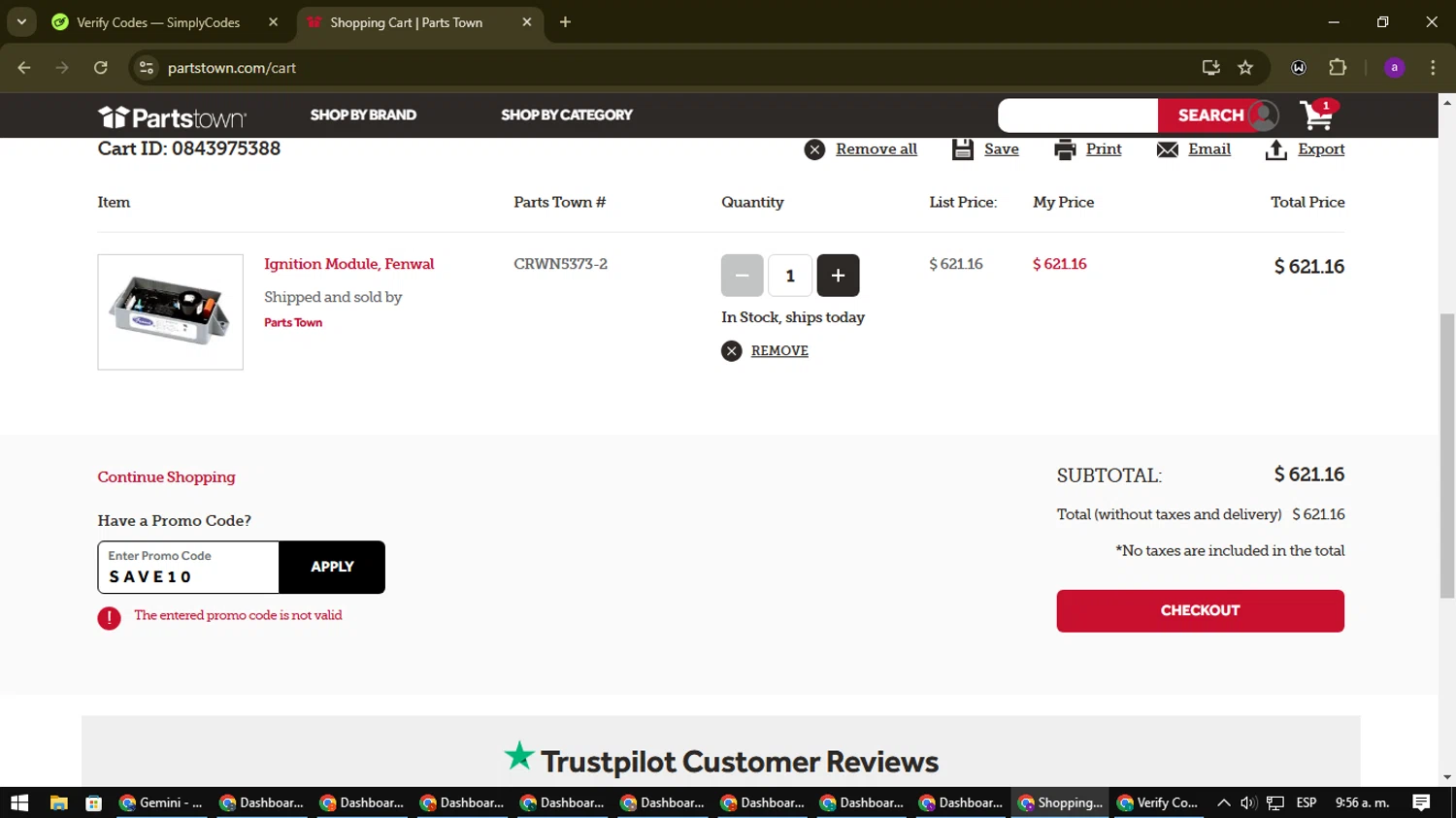 Parts Town promo code screenshot showing code SAVE10 applied at Parts Town checkout page. Uploaded by SimplyCodes community member CoinElite8997 on Feb 17, 2025