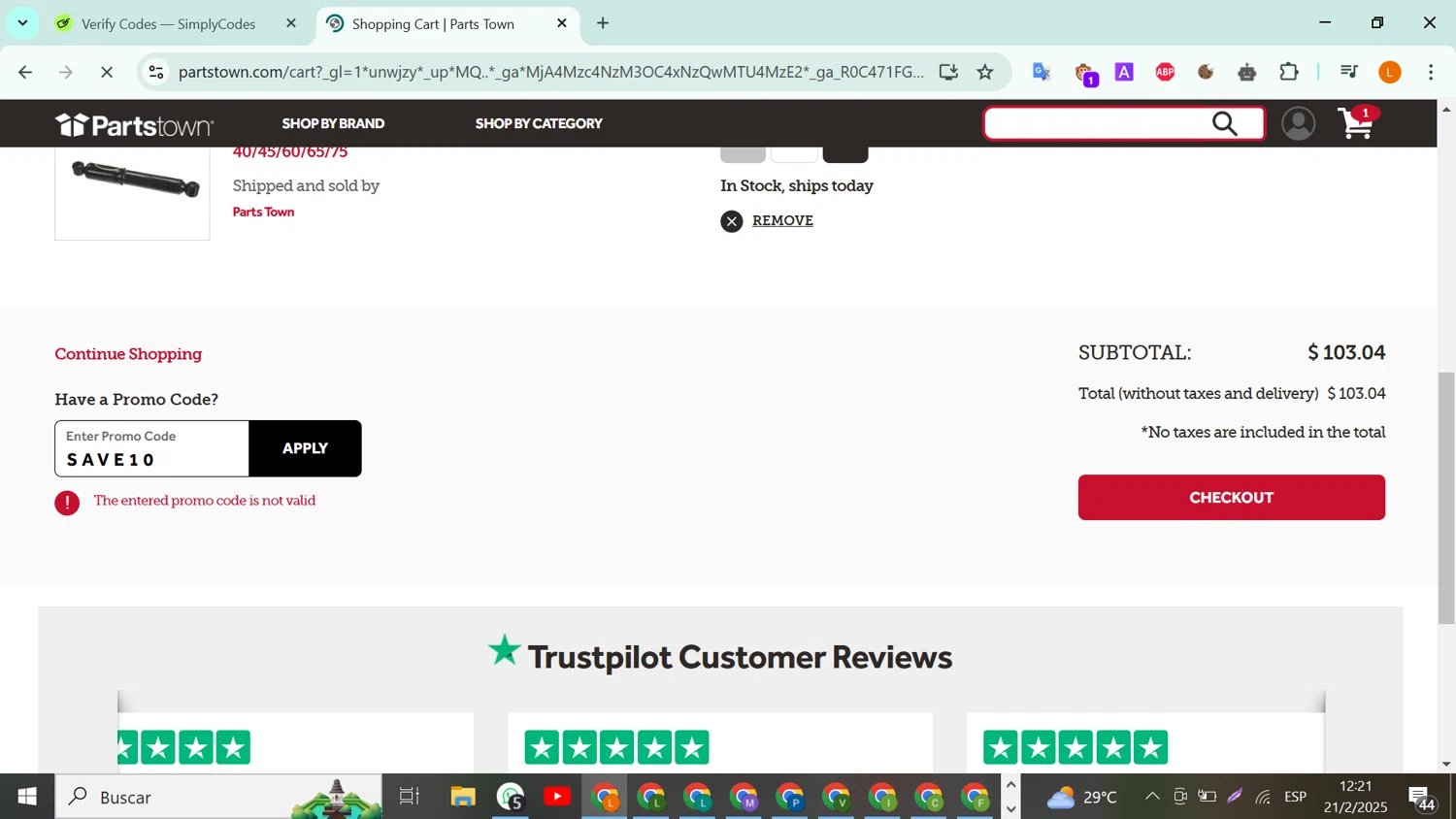 Parts Town promo code screenshot showing code SAVE10 applied at Parts Town checkout page. Uploaded by SimplyCodes community member RebateLegend8934 on Feb 21, 2025