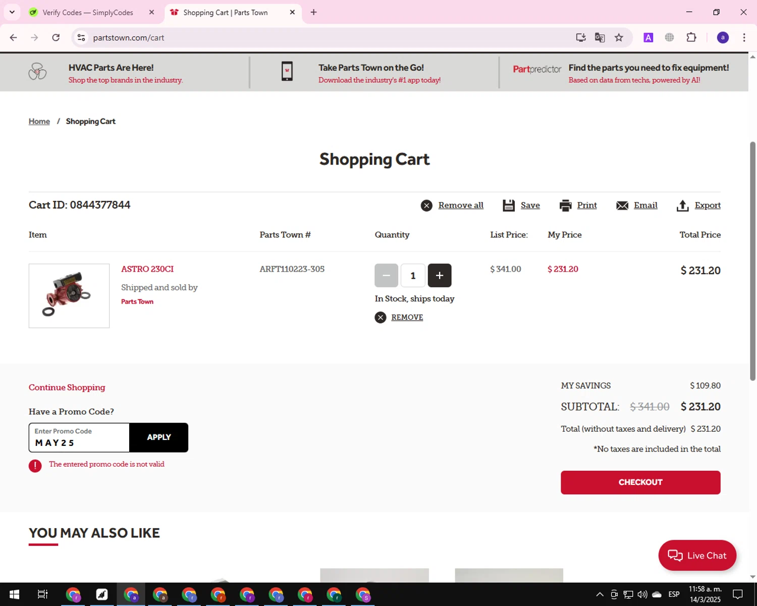 Parts Town promo code screenshot showing code MAY25 applied at Parts Town checkout page. Uploaded by SimplyCodes community member CleverShopper625 on Mar 14, 2025