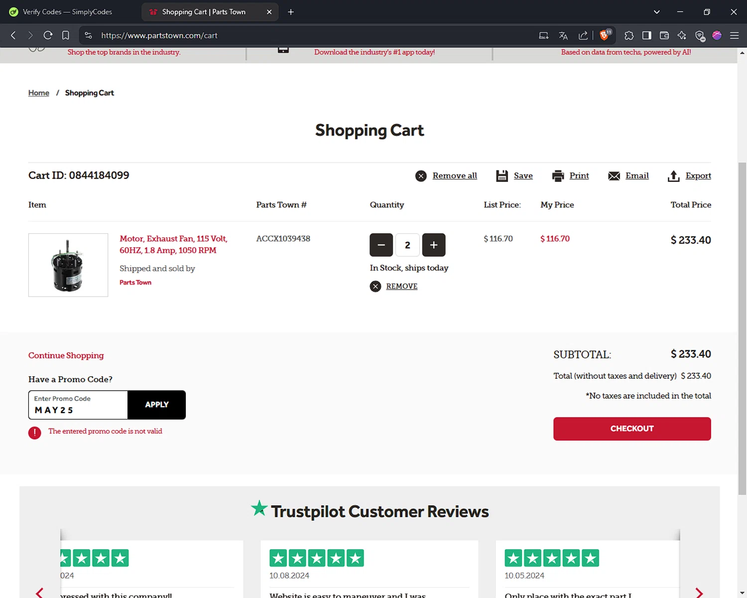 Parts Town promo code screenshot showing code MAY25 applied at Parts Town checkout page. Uploaded by SimplyCodes community member Rayyyyyy on Mar 3, 2025