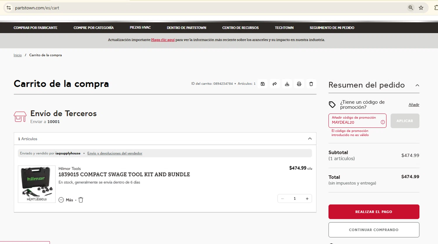 Parts Town promo code screenshot showing code MAYDEAL20 applied at Parts Town checkout page. Uploaded by SimplyCodes community member Samugl21 on Jul 11, 2025