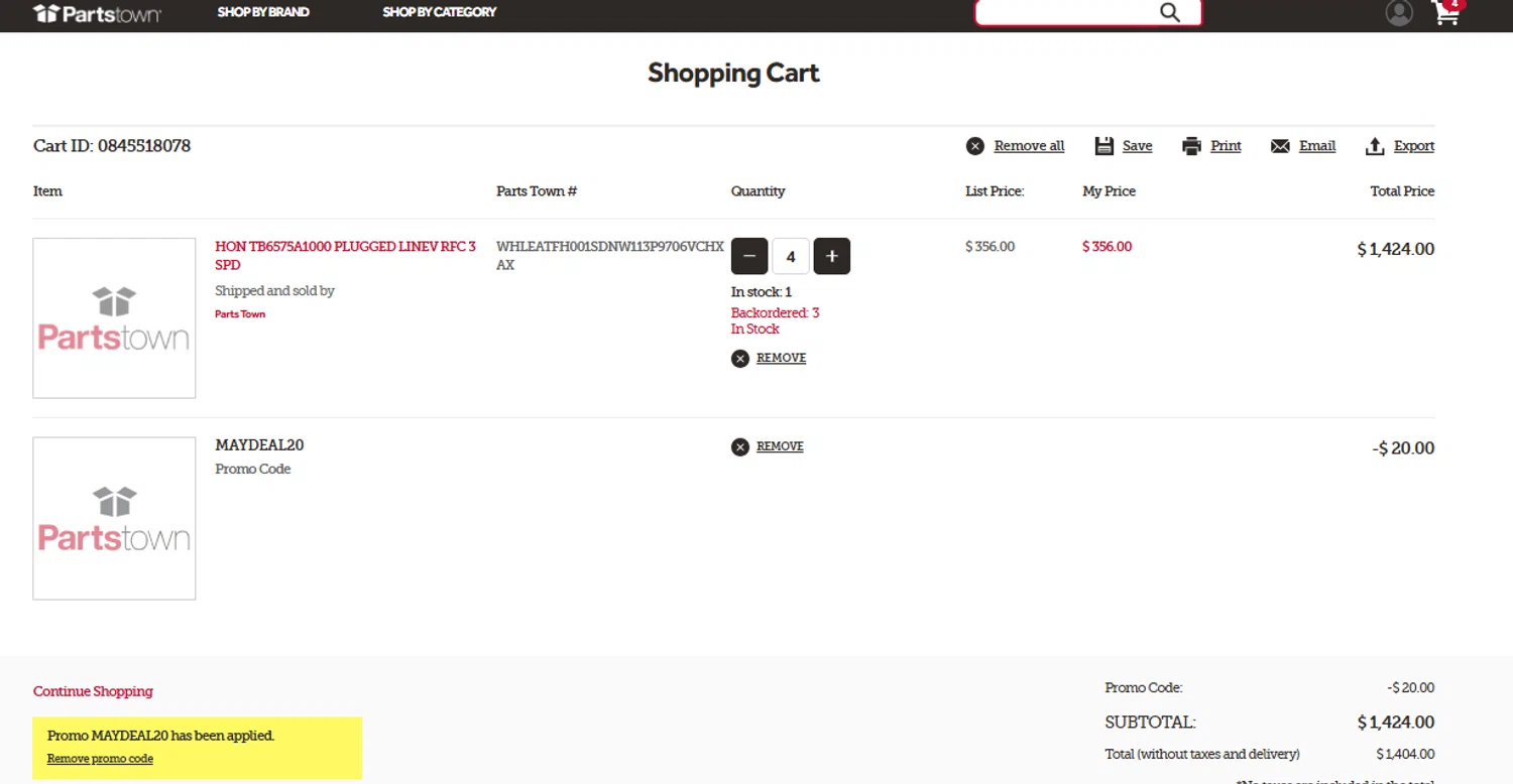 Parts Town checkout page showing Parts Town promo code box | Screenshot taken by SimplyCodes community member on May 29, 2025