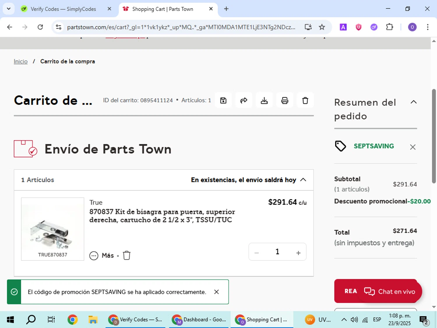 Parts Town promo code screenshot showing code SEPTSAVING applied at Parts Town checkout page. Uploaded by SimplyCodes community member BudgetHawk9503 on Sep 23, 2025