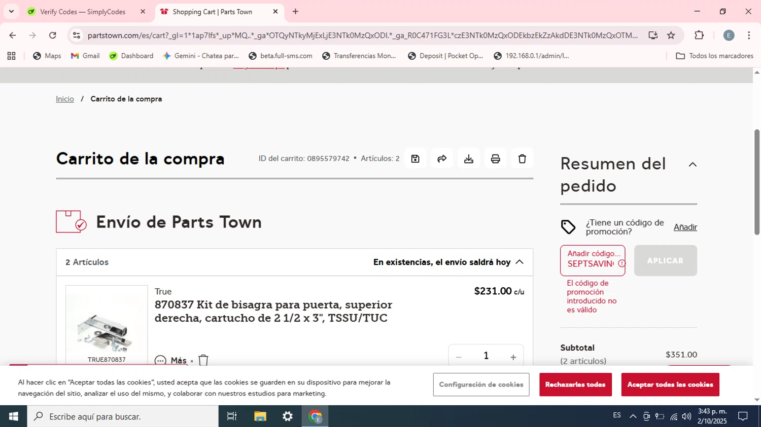 Parts Town promo code screenshot showing code SEPTSAVING applied at Parts Town checkout page. Uploaded by SimplyCodes community member Esteban on Oct 2, 2025