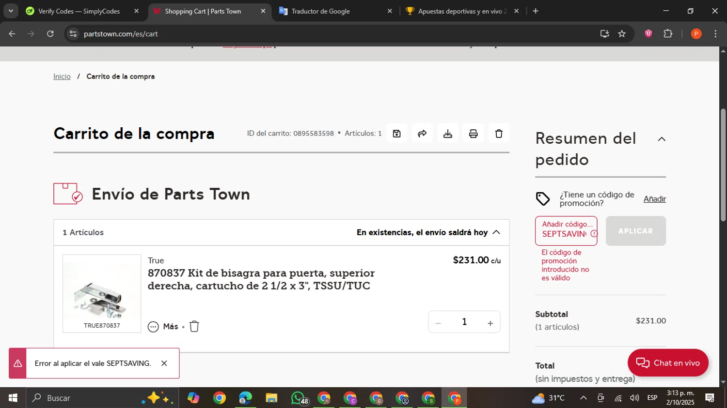 Parts Town promo code screenshot showing code SEPTSAVING applied at Parts Town checkout page. Uploaded by SimplyCodes community member VictoriousCaptain2658 on Oct 2, 2025