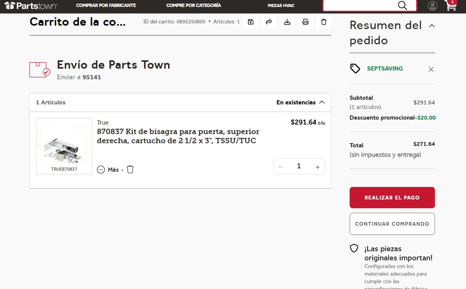 Parts Town checkout page showing Parts Town promo code box | Screenshot taken by SimplyCodes community member on Sep 15, 2025