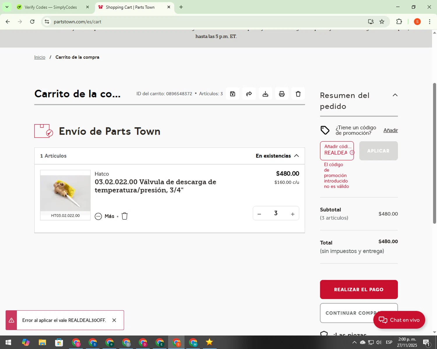 Parts Town promo code screenshot showing code REALDEAL30OFF applied at Parts Town checkout page. Uploaded by SimplyCodes community member CrownBoss9623 on Nov 27, 2025