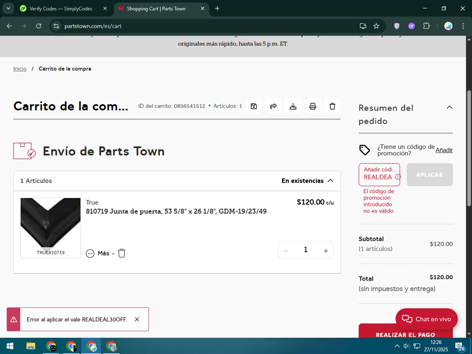 Parts Town promo code screenshot showing code REALDEAL30OFF applied at Parts Town checkout page. Uploaded by SimplyCodes community member Estrellitacoairis on Nov 27, 2025