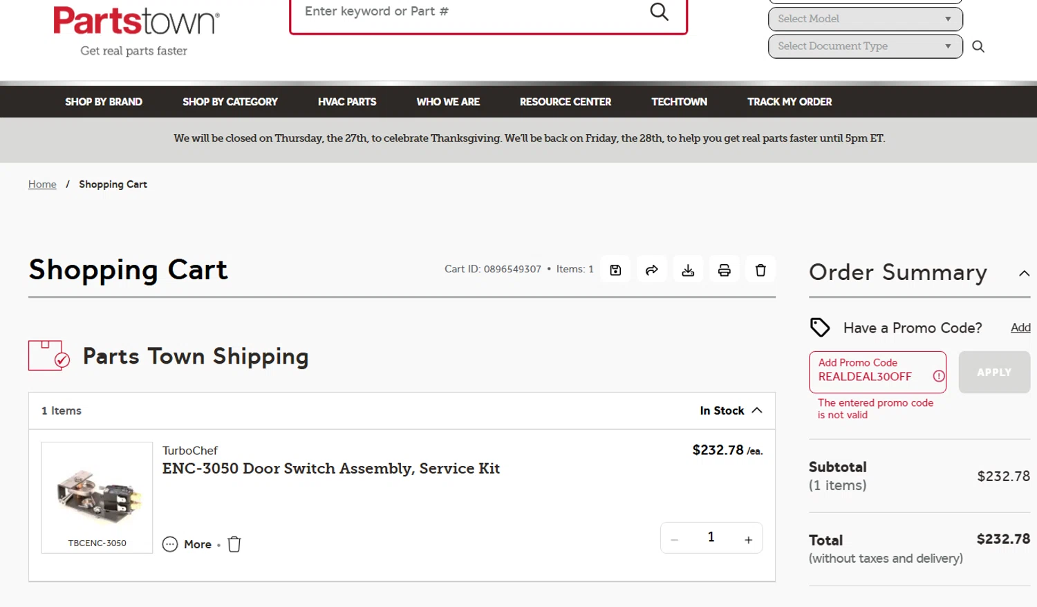 Parts Town promo code screenshot showing code REALDEAL30OFF applied at Parts Town checkout page. Uploaded by SimplyCodes community member lukeCallahannn on Nov 27, 2025