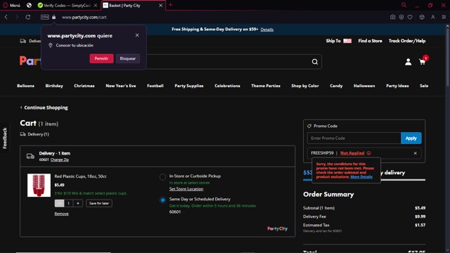 Party City checkout page showing Party City promo code box | Screenshot taken by SimplyCodes community member on Dec 6, 2024