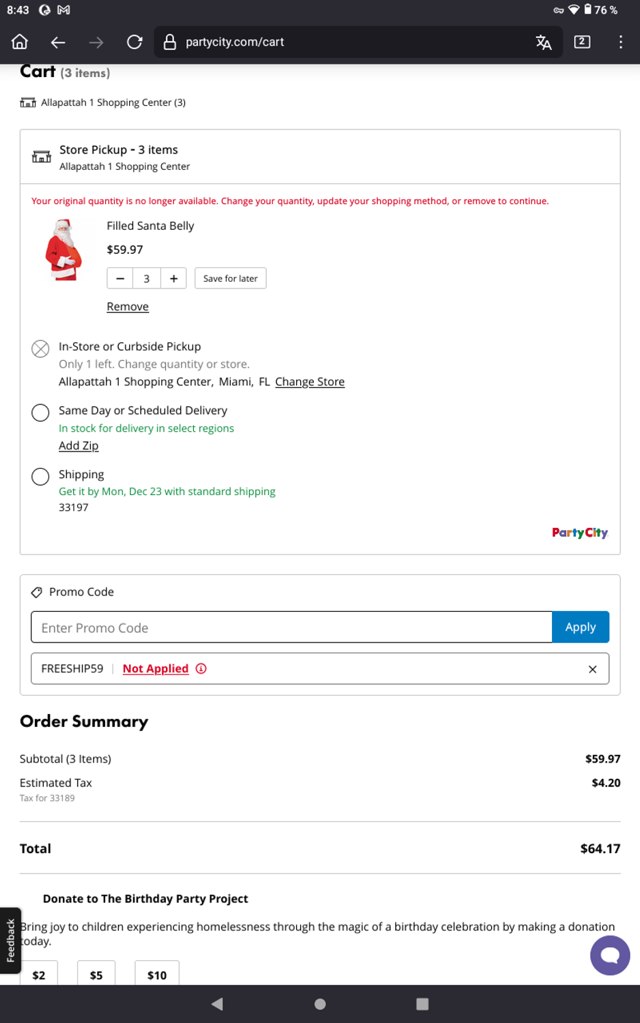 Party City checkout page showing Party City promo code box | Screenshot taken by SimplyCodes community member on Dec 17, 2024