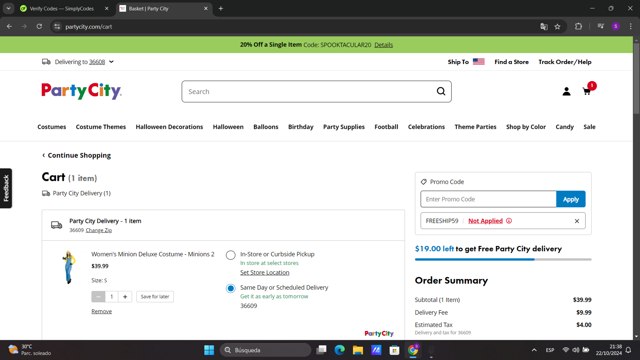 Party City checkout page showing Party City promo code box | Screenshot taken by SimplyCodes community member on Oct 23, 2024