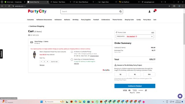 Party City checkout page showing Party City promo code box | Screenshot taken by SimplyCodes community member on Oct 9, 2024