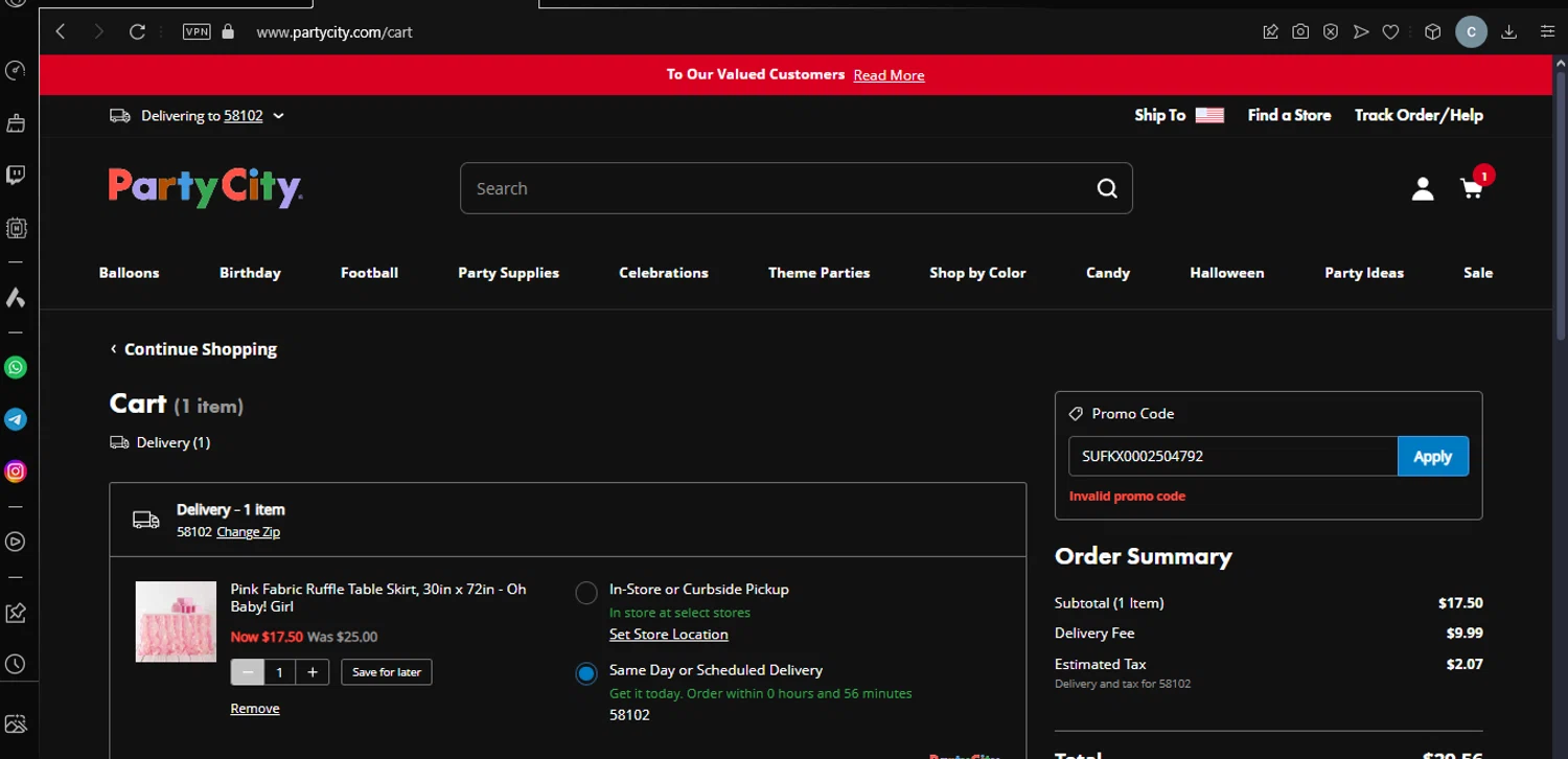 Party City promo code screenshot showing code SUFKX0002504792 applied at Party City checkout page. Uploaded by SimplyCodes community member chepipi on Jan 9, 2025