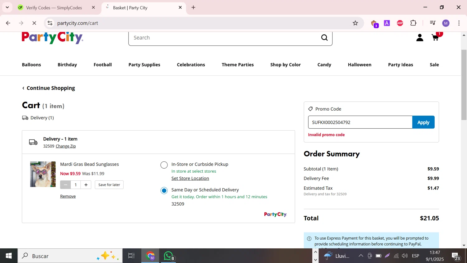 Party City promo code screenshot showing code SUFKX0002504792 applied at Party City checkout page. Uploaded by SimplyCodes community member CouponCollector598 on Jan 9, 2025