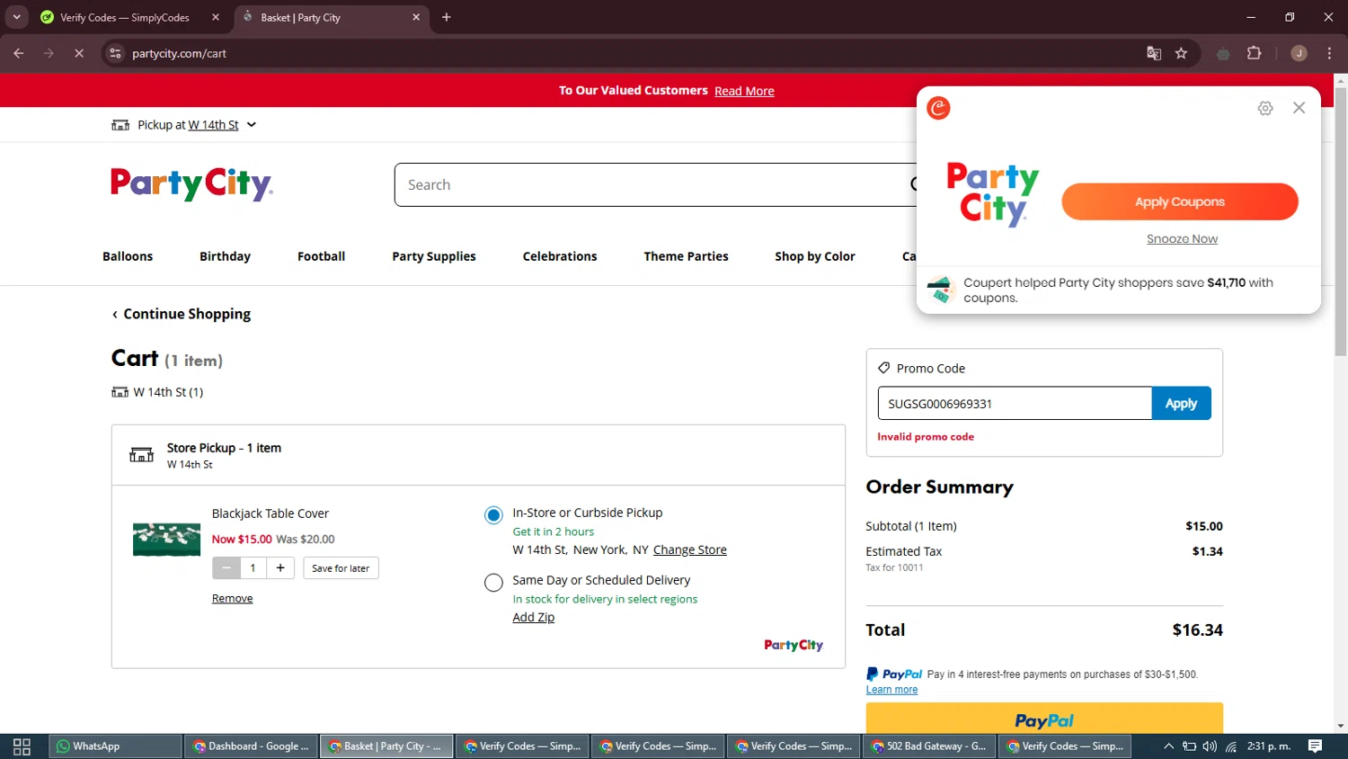 Party City promo code screenshot showing code SUGSG0006969331 applied at Party City checkout page. Uploaded by SimplyCodes community member ShrewdAdmiral5920 on Jan 9, 2025