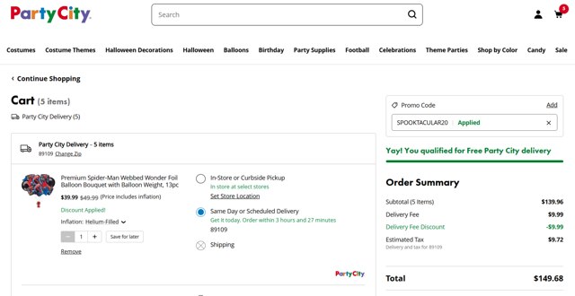 Party City checkout page showing Party City promo code box | Screenshot taken by SimplyCodes community member on Oct 29, 2024