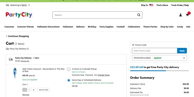 Party City checkout page showing Party City promo code box | Screenshot taken by SimplyCodes community member on Oct 25, 2024