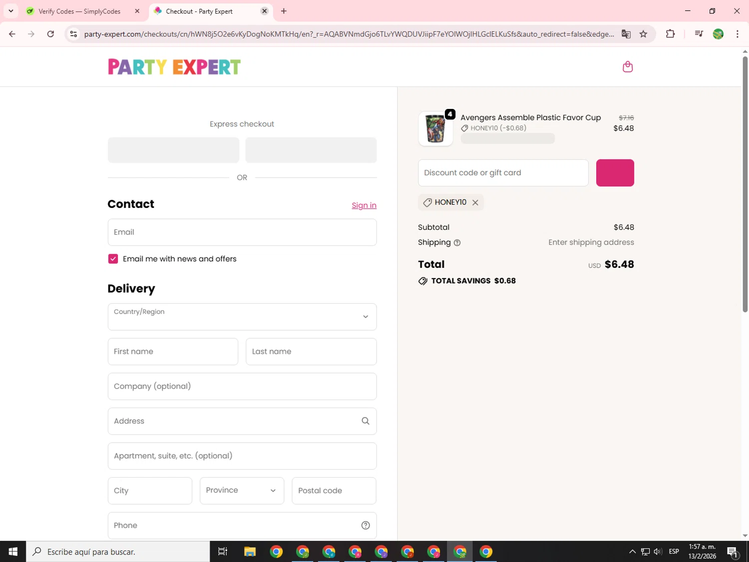Party Expert CA promo code screenshot showing code Honey10 applied at Party Expert CA checkout page. Uploaded by SimplyCodes community member SwiftChaser6655 on Feb 13, 2026