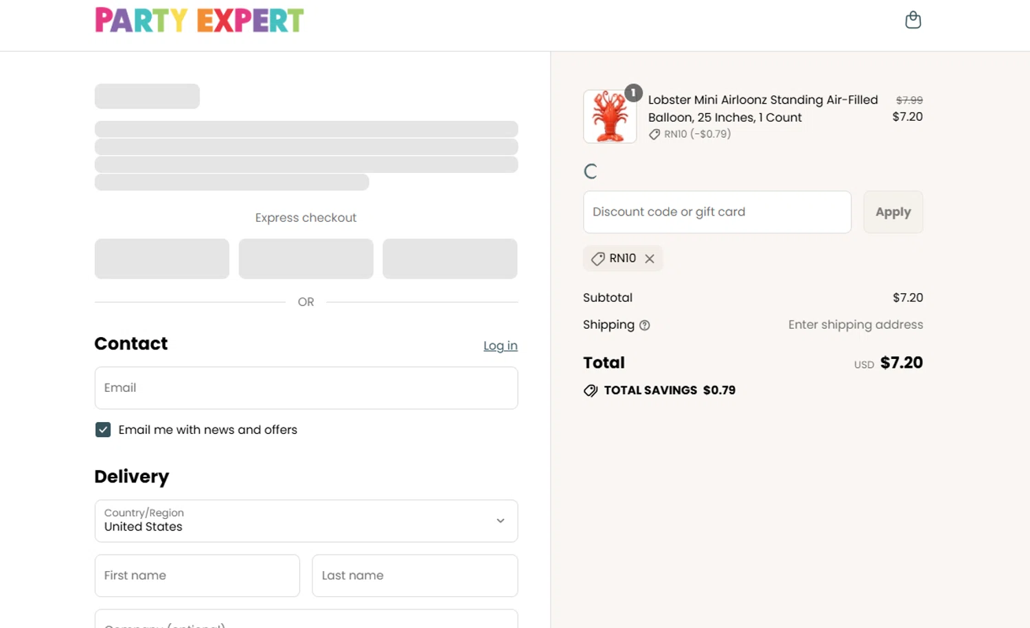 Party Expert CA promo code screenshot showing code Rn10 applied at Party Expert CA checkout page. Uploaded by SimplyCodes community member Dallas on Jul 27, 2025