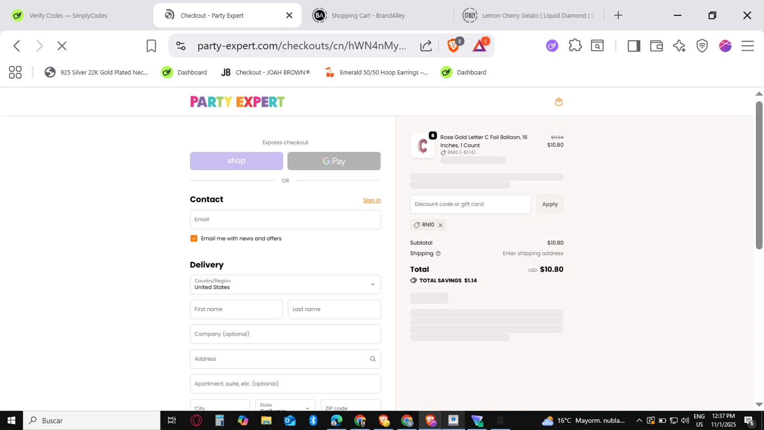 Party Expert CA promo code screenshot showing code Rn10 applied at Party Expert CA checkout page. Uploaded by SimplyCodes community member SavingsVirtuoso1883 on Nov 1, 2025