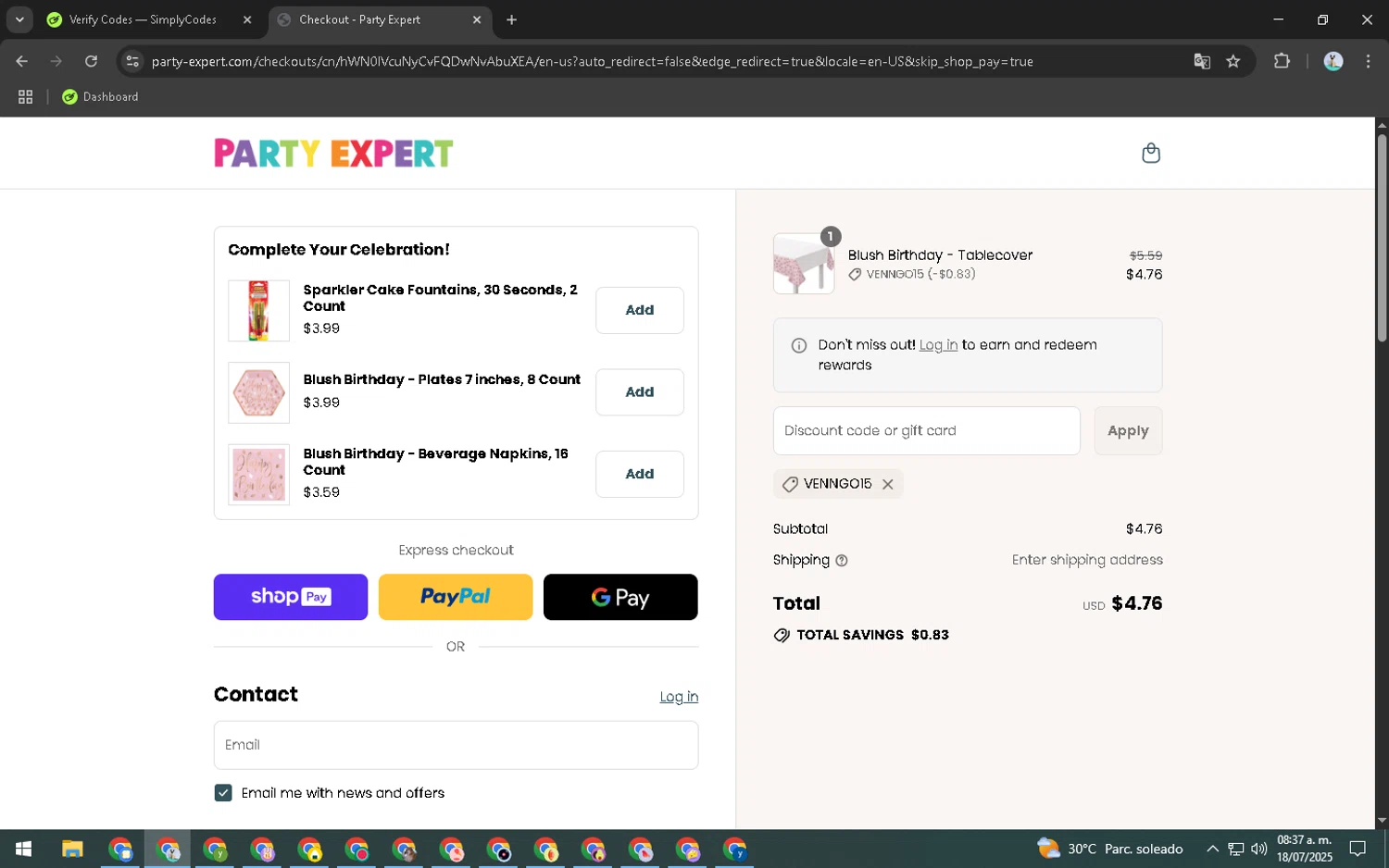 Party Expert CA promo code screenshot showing code VENNGO15 applied at Party Expert CA checkout page. Uploaded by SimplyCodes community member CleverRanger7308 on Jul 18, 2025