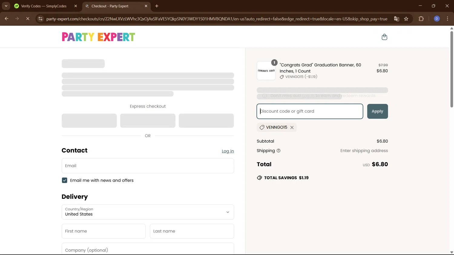 Party Expert CA promo code screenshot showing code VENNGO15 applied at Party Expert CA checkout page. Uploaded by SimplyCodes community member PennyCurator6489 on Apr 4, 2025