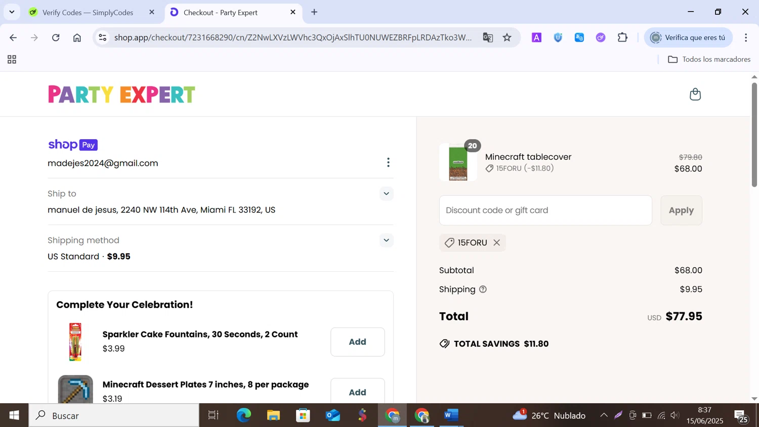 Party Expert CA promo code screenshot showing code 15FORU applied at Party Expert CA checkout page. Uploaded by SimplyCodes community member MANUELURBINA on Jun 15, 2025