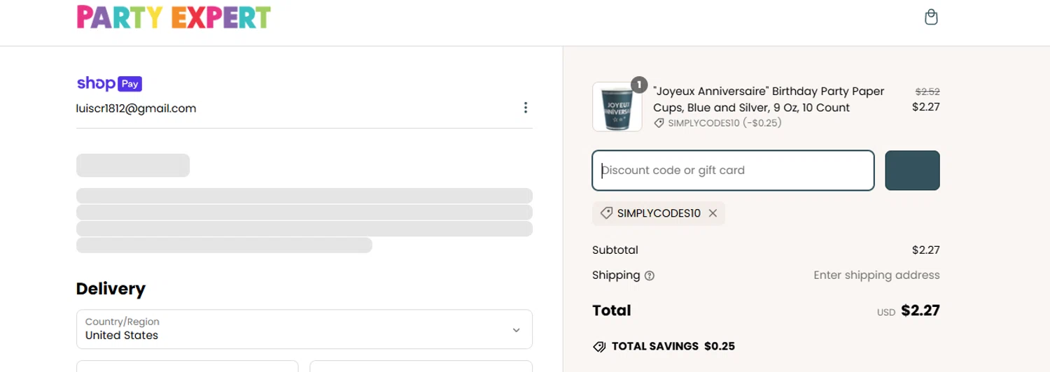 Party Expert CA promo code screenshot showing code SIMPLYCODES10 applied at Party Expert CA checkout page. Uploaded by SimplyCodes community member MoneyVoyager8068 on Mar 14, 2025
