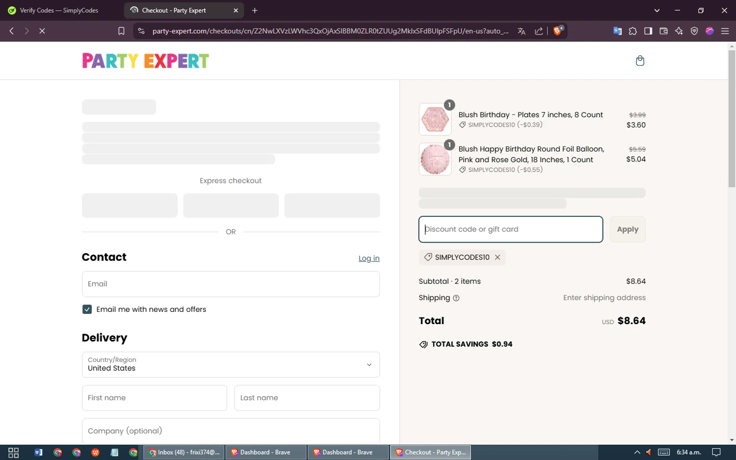 Party Expert CA promo code screenshot showing code SIMPLYCODES10 applied at Party Expert CA checkout page. Uploaded by SimplyCodes community member SmartMaven8764 on Mar 14, 2025