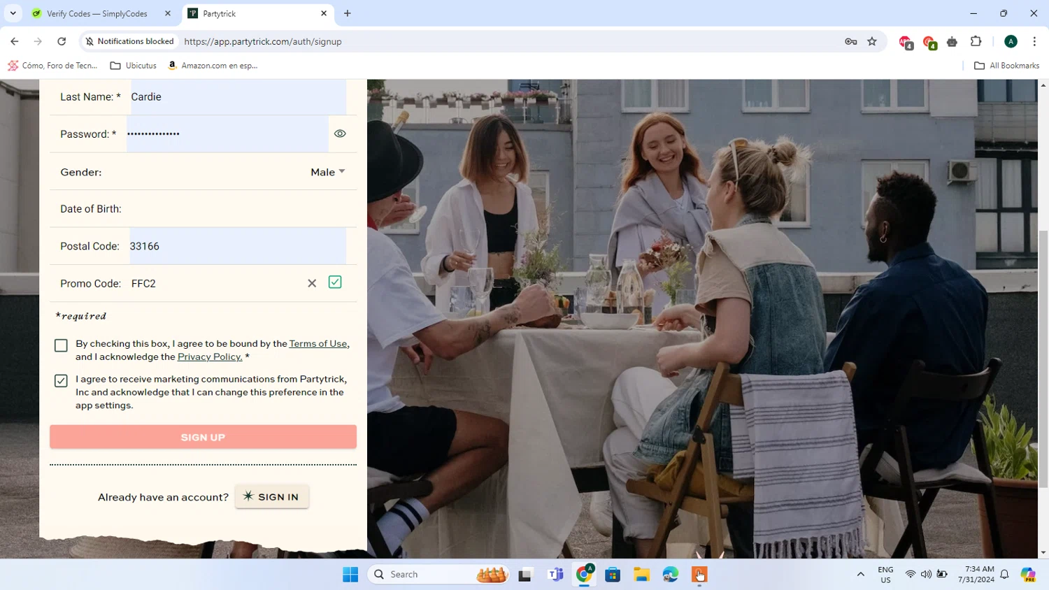 Partytrick checkout page showing Partytrick promo code box | Screenshot taken by SimplyCodes community member on Jul 31, 2024