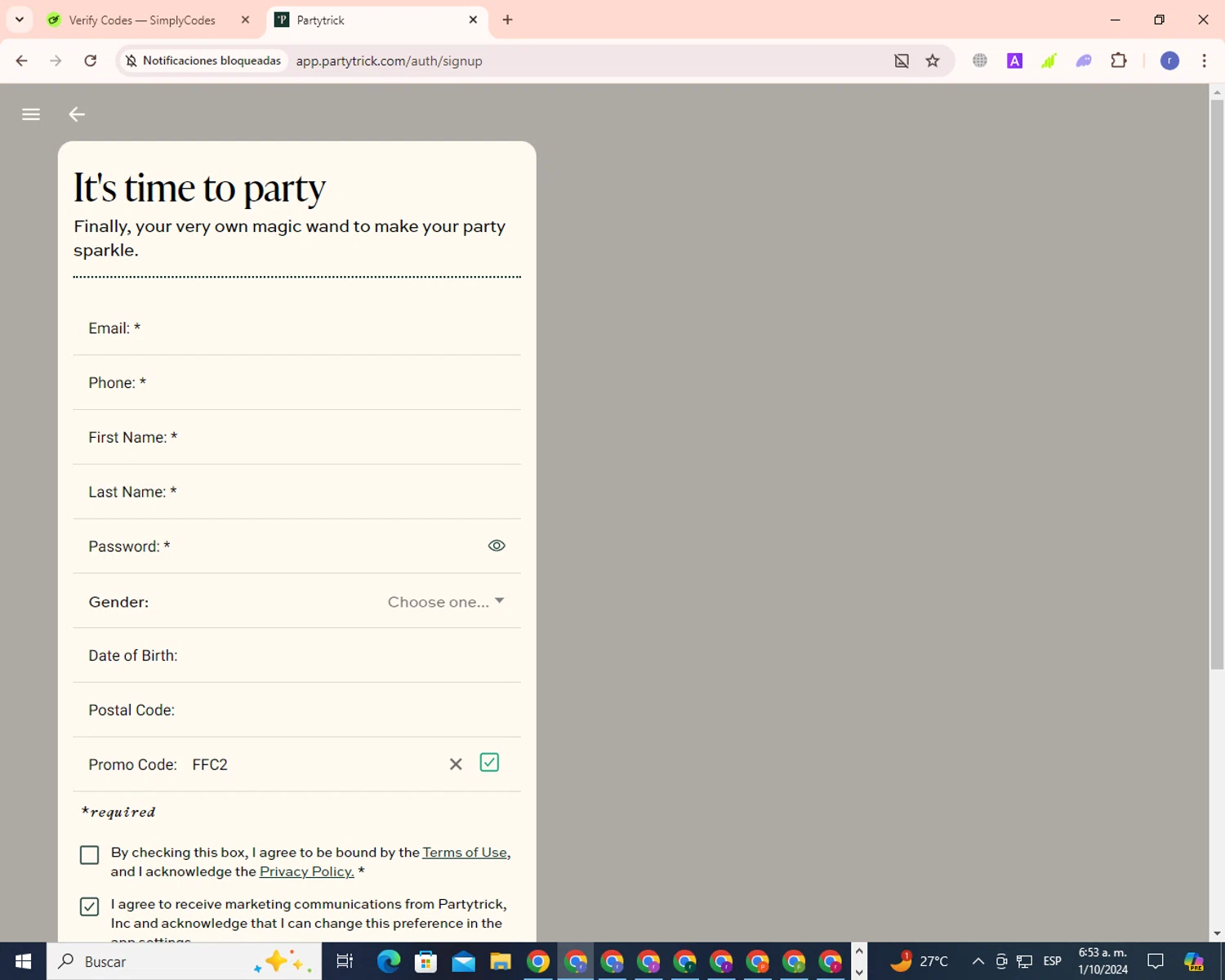 Partytrick checkout page showing Partytrick promo code box | Screenshot taken by SimplyCodes community member on Oct 1, 2024