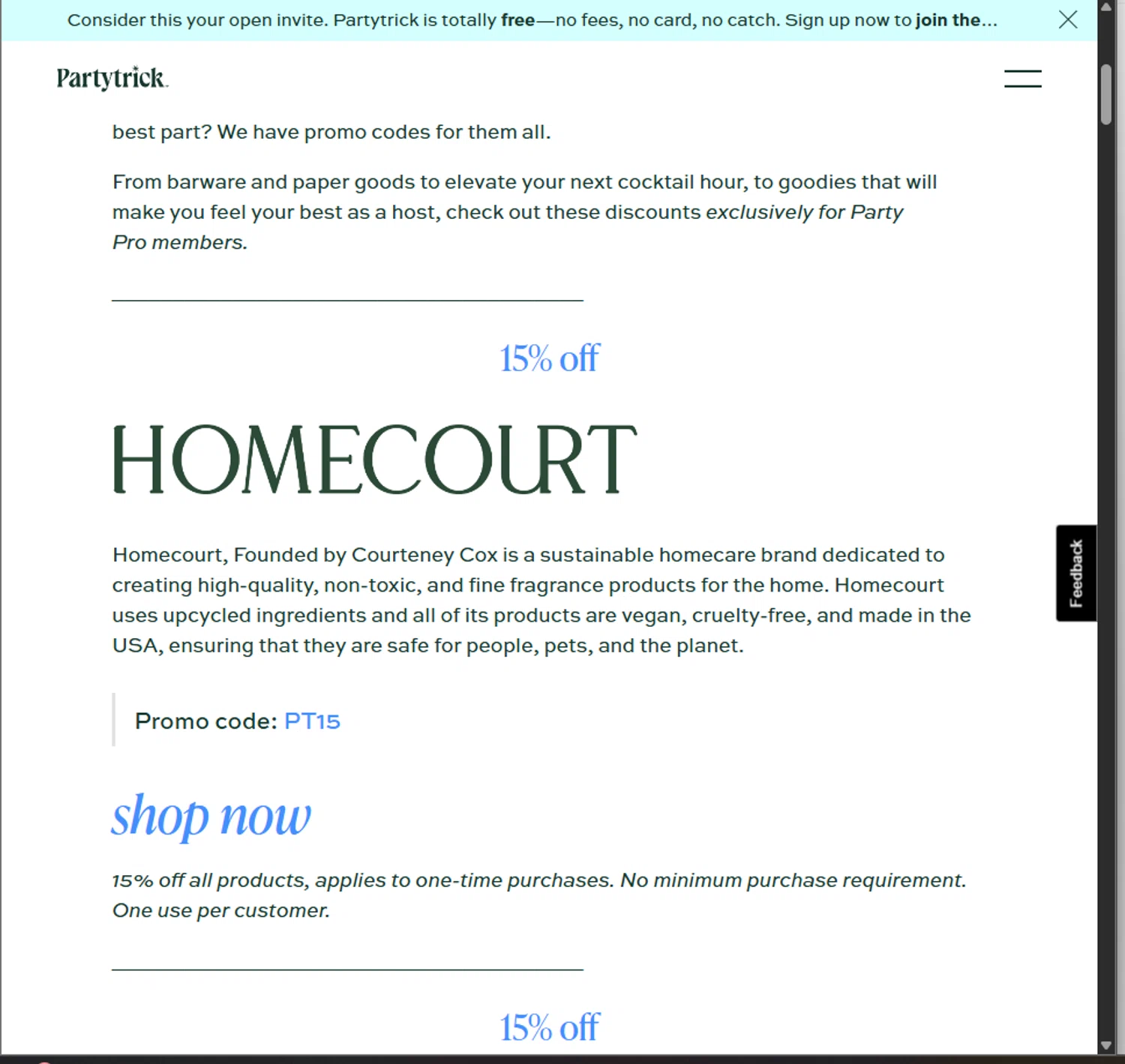 Partytrick promo code screenshot showing code PT15 applied at Partytrick checkout page. Uploaded by SimplyCodes community member PillarsofCreation on Sep 24, 2025