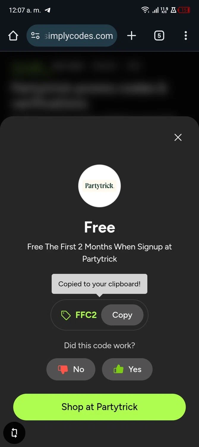 Partytrick promo code screenshot showing code FFC2 applied at Partytrick checkout page. Uploaded by SimplyCodes community member angelgariel on Jun 26, 2025