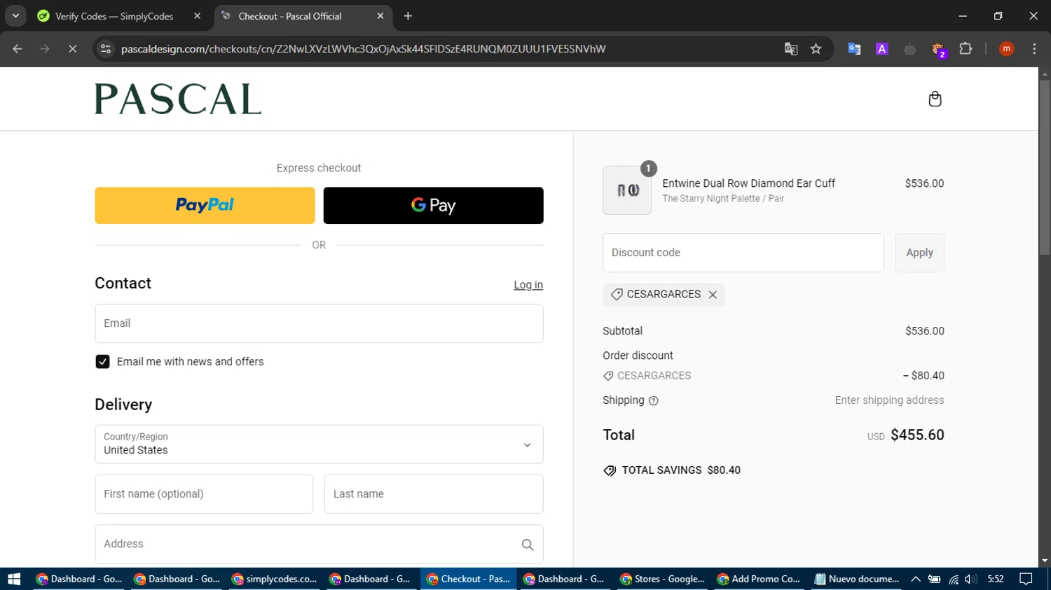 Pascal Official promo code screenshot showing code CESARGARCES applied at Pascal Official checkout page. Uploaded by SimplyCodes community member SmartFalcon9323 on Mar 1, 2025