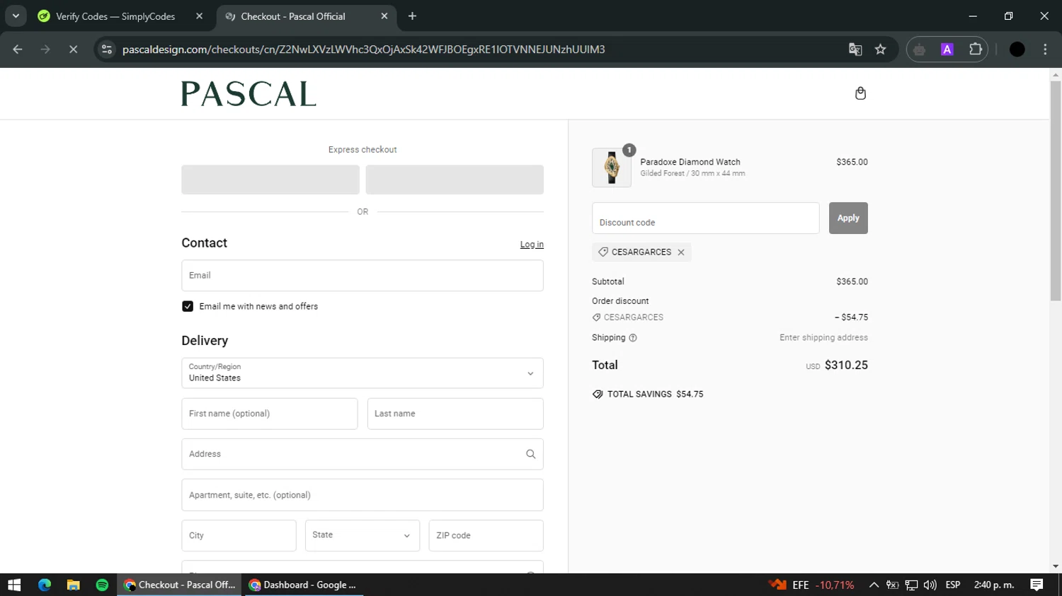 Pascal Official promo code screenshot showing code CESARGARCES applied at Pascal Official checkout page. Uploaded by SimplyCodes community member jesusguqnipa on Feb 28, 2025