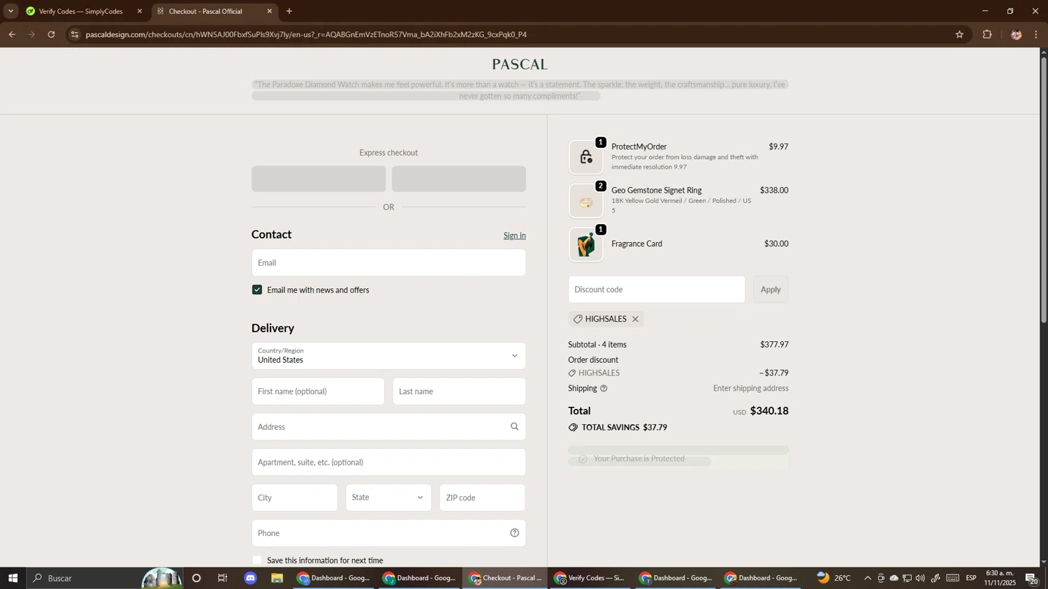 Pascal Official promo code screenshot showing code HIGHSALES applied at Pascal Official checkout page. Uploaded by SimplyCodes community member El_mynor on Nov 11, 2025