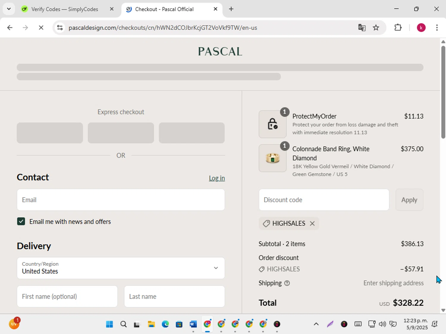 Pascal Official promo code screenshot showing code HIGHSALES applied at Pascal Official checkout page. Uploaded by SimplyCodes community member karoline on Sep 5, 2025