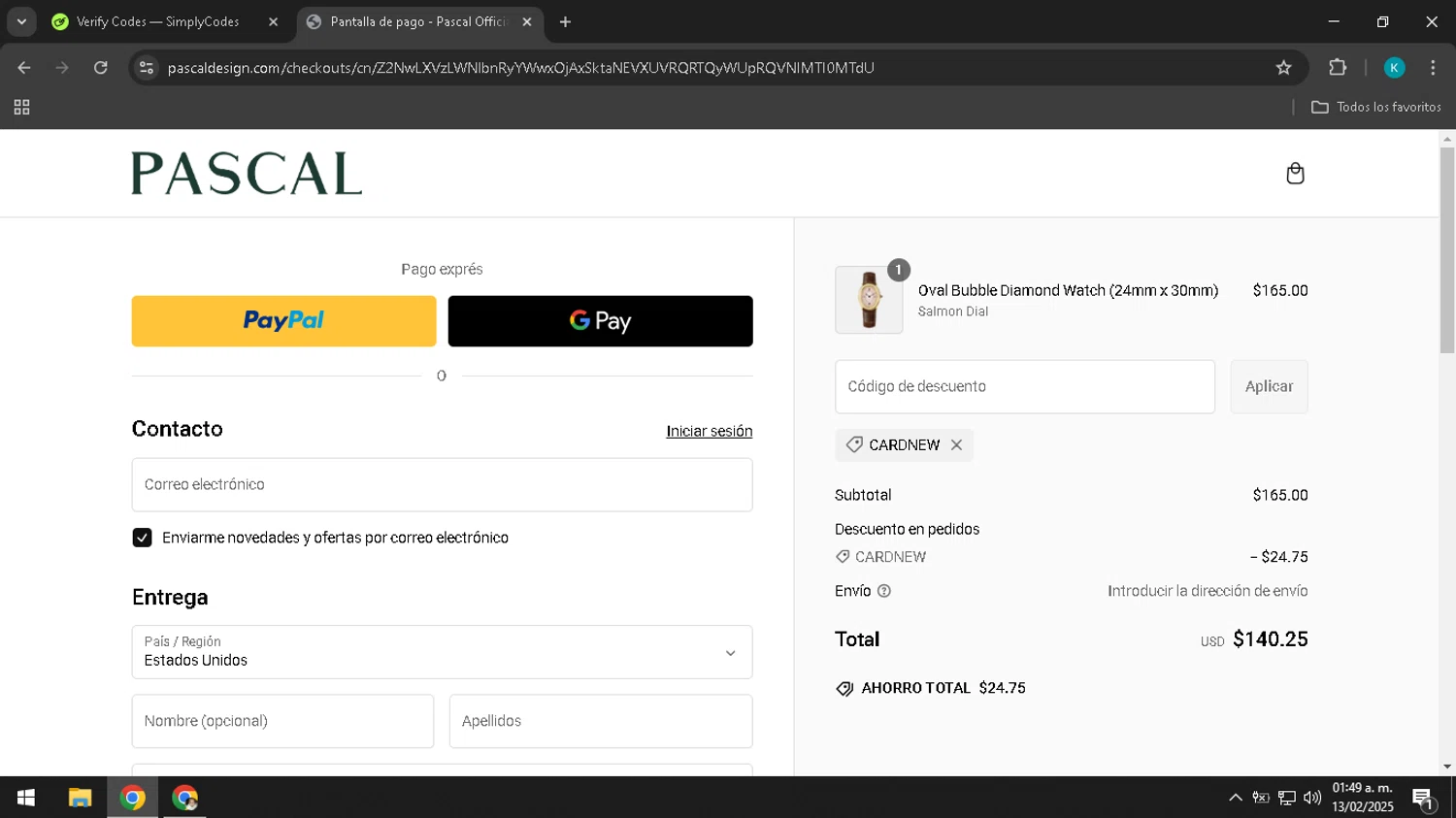 Pascal Official promo code screenshot showing code cardnew applied at Pascal Official checkout page. Uploaded by SimplyCodes community member CodeHunter9012 on Feb 13, 2025
