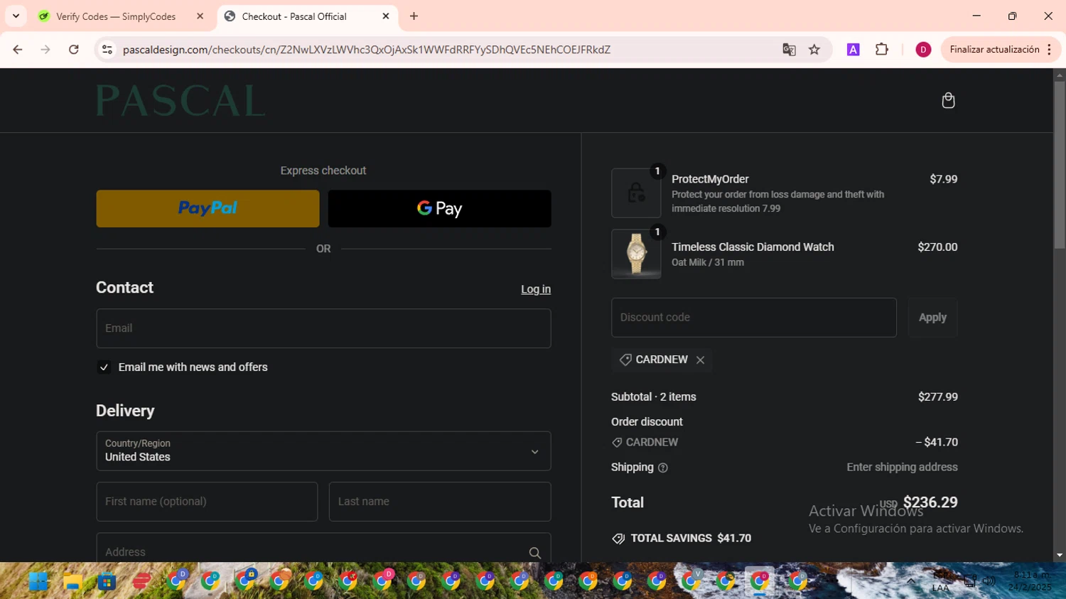 Pascal Official promo code screenshot showing code cardnew applied at Pascal Official checkout page. Uploaded by SimplyCodes community member EpicSaver9948 on Feb 24, 2025