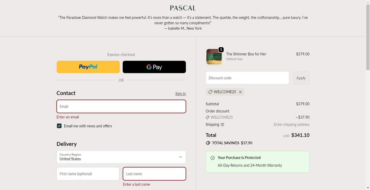 Pascal Official promo code screenshot showing code WELCOME25 applied at Pascal Official checkout page. Uploaded by SimplyCodes community member DiscountPhoenix427 on Nov 16, 2025