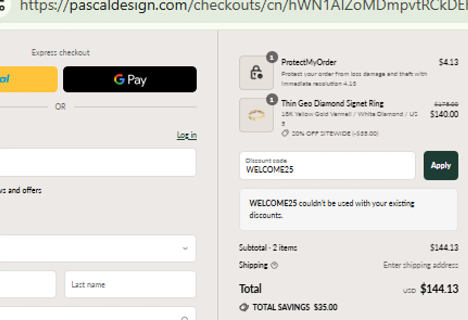 Pascal Official promo code screenshot showing code WELCOME25 applied at Pascal Official checkout page. Uploaded by SimplyCodes community member RewardFinder4836 on Jul 29, 2025