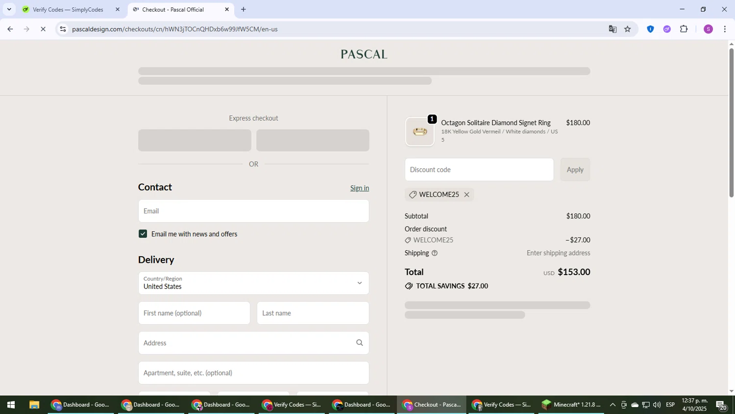 Pascal Official promo code screenshot showing code WELCOME25 applied at Pascal Official checkout page. Uploaded by SimplyCodes community member Son_Goku on Oct 4, 2025