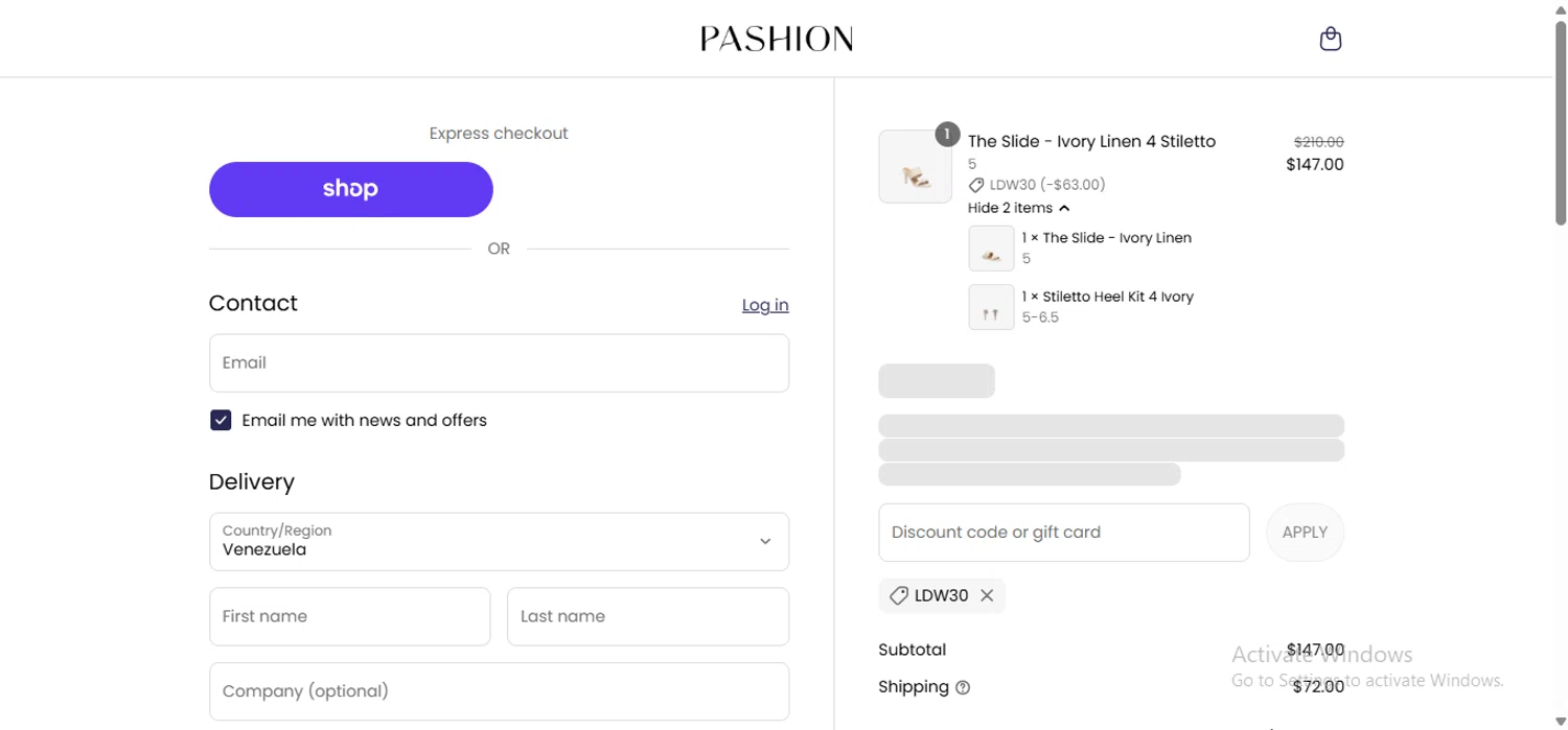 Pashion Footwear promo code screenshot showing code LDW30 applied at Pashion Footwear checkout page. Uploaded by SimplyCodes community member anosesmith on Aug 29, 2025