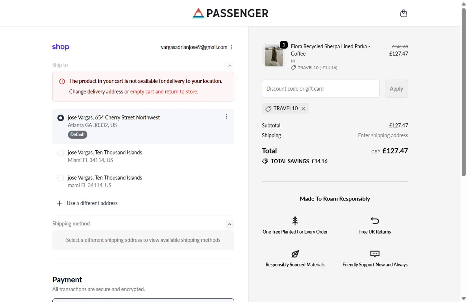 Passenger Clothing discount code screenshot showing code TRAVEL10 applied at Passenger Clothing checkout page. Uploaded by SimplyCodes community member Rossimar on Dec 11, 2025
