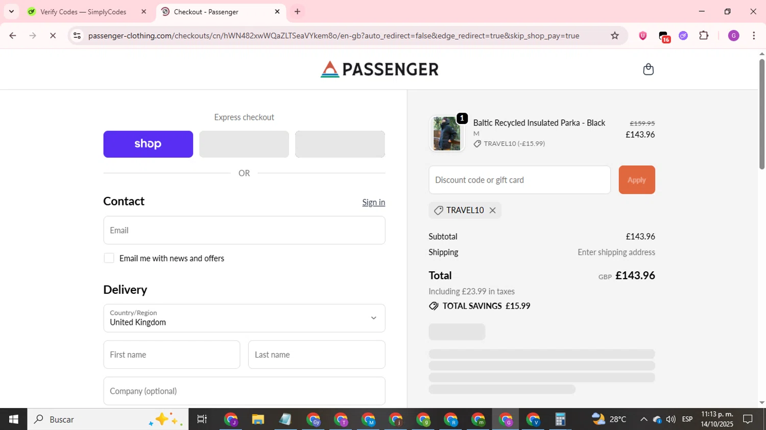 Passenger Clothing discount code screenshot showing code TRAVEL10 applied at Passenger Clothing checkout page. Uploaded by SimplyCodes community member ValuePilot6849 on Oct 15, 2025