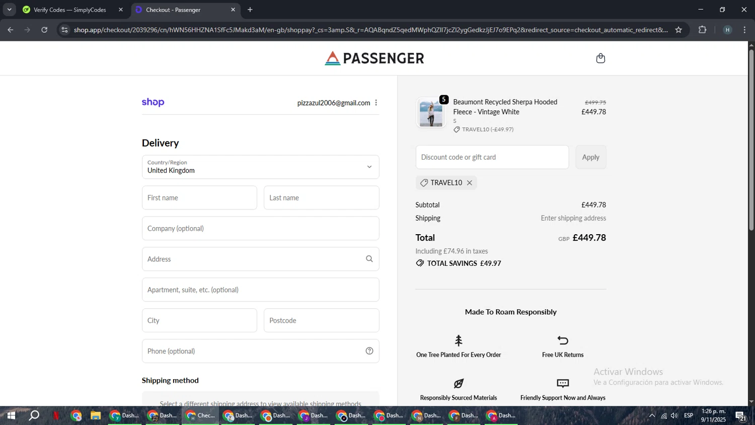 Passenger Clothing discount code screenshot showing code TRAVEL10 applied at Passenger Clothing checkout page. Uploaded by SimplyCodes community member YAMAHA on Nov 9, 2025