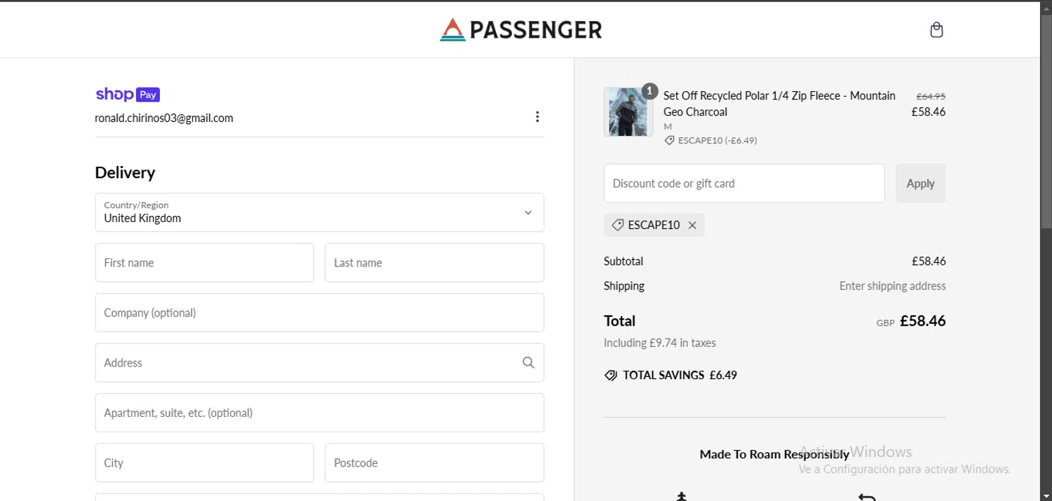 Passenger Clothing discount code screenshot showing code ESCAPE10 applied at Passenger Clothing checkout page. Uploaded by SimplyCodes community member Egni_149037891 on Jan 17, 2025