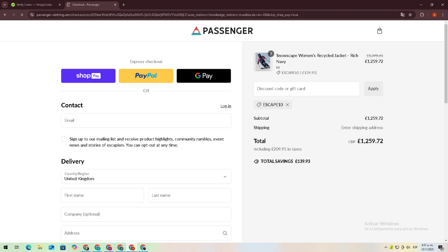 Passenger Clothing discount code screenshot showing code ESCAPE10 applied at Passenger Clothing checkout page. Uploaded by SimplyCodes community member zxxx27 on Jan 23, 2025