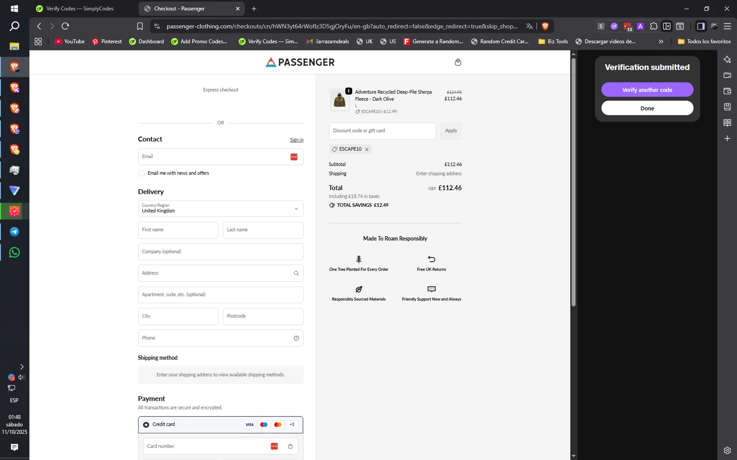 Passenger Clothing discount code screenshot showing code ESCAPE10 applied at Passenger Clothing checkout page. Uploaded by SimplyCodes community member ilarrazaM1 on Oct 11, 2025